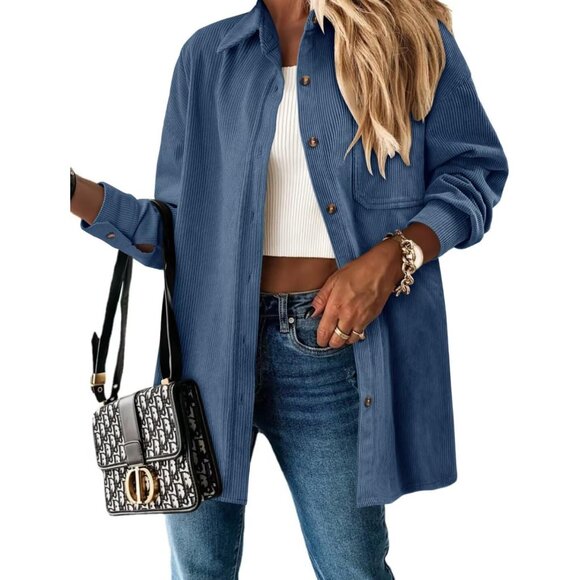 Women Blue Collared V Neck Button Down Oversized Long Sleeve Shirt Top - Picture 4 of 6